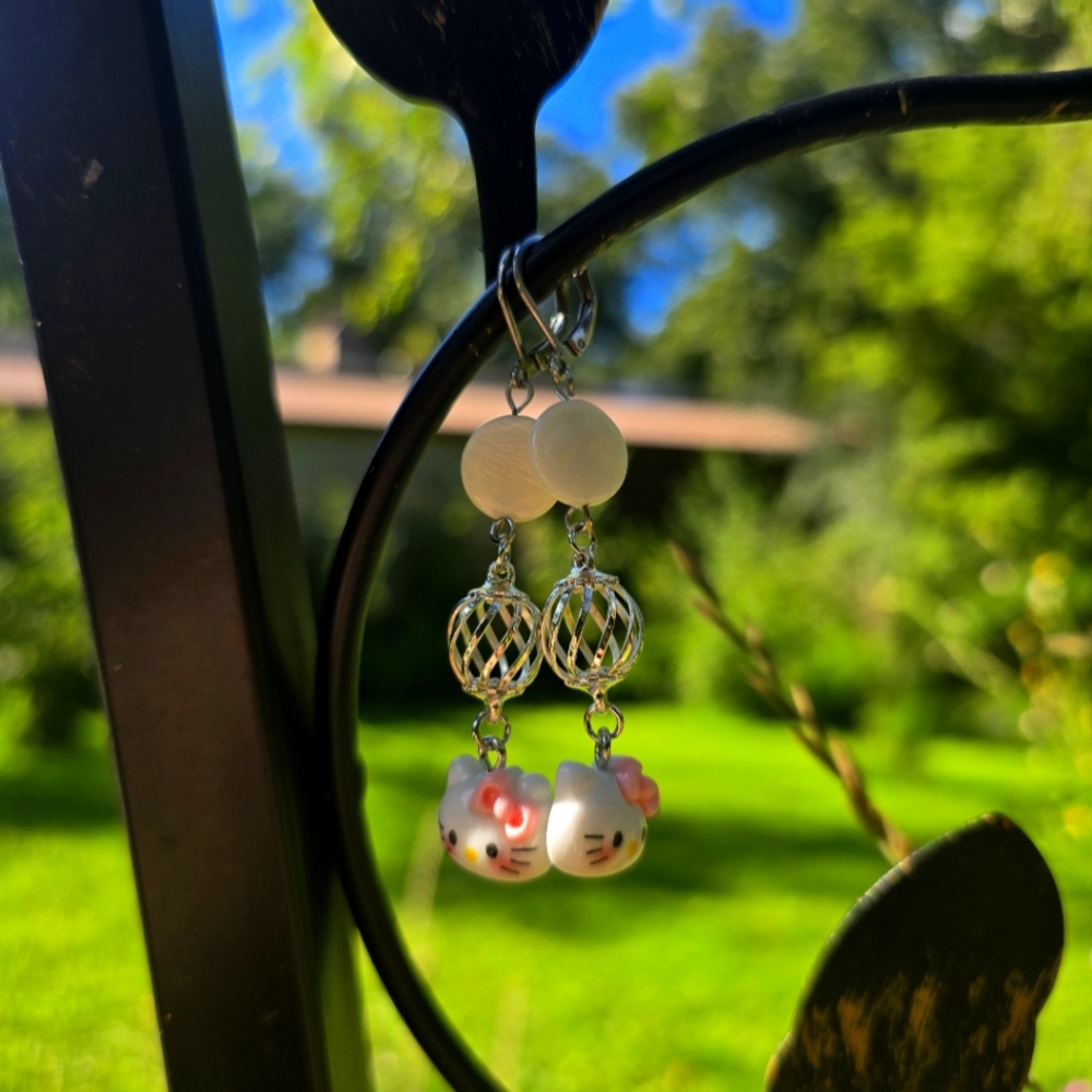 Hello Kitty Dangle Earrings | Pink Bow Charm Drop Earrings